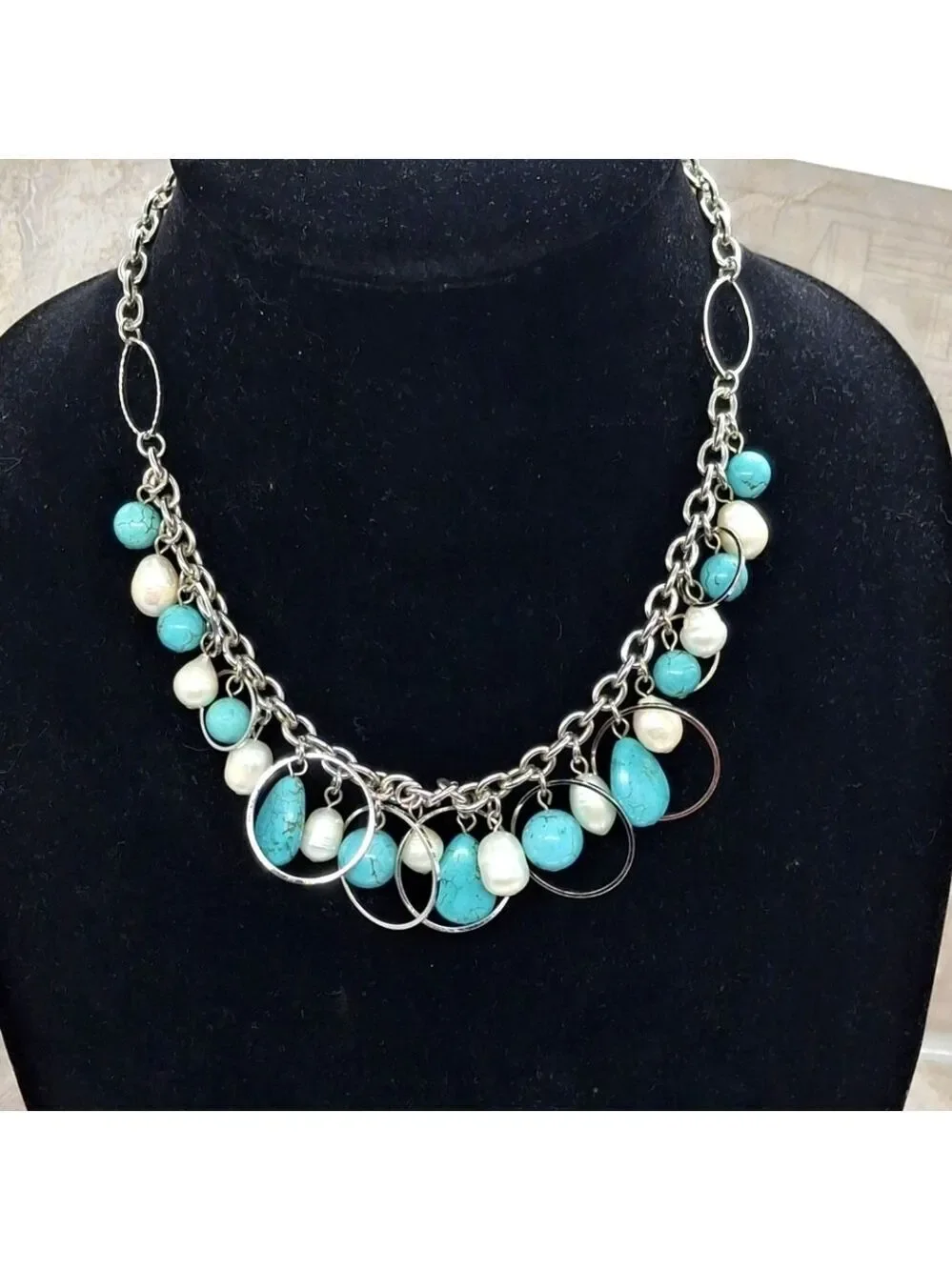 Genuine Pearls Silvertone and Turquoise Colored Howlite Beaded Necklace